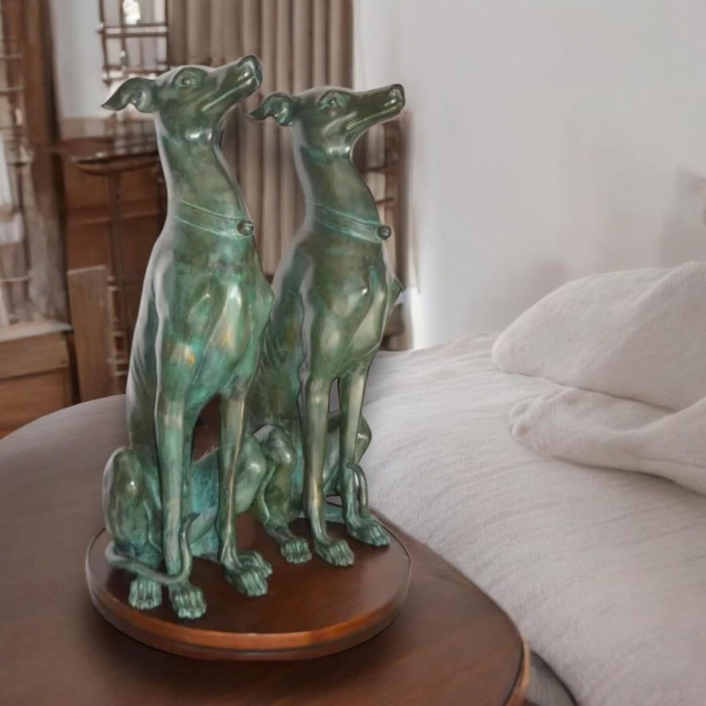 NIFAO Pair of Greyhound Dogs Sitting Bronze Statue – Life-Size Hand-Cast Sculpture with Green & Brown Patina – Museum-Quality Decorative Art for Home, Garden, 12" L x 12" W x 35" H