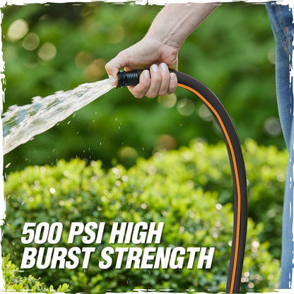 Rugged Rhino Heavy Duty Flexible Light Weight Garden Hose, 25ft x 5/8in, 4 Layer Leakproof Outdoor Gardening Tools, Watering Supplies, Powerful Water Pressure for Lawn, Flowers, Black Orange