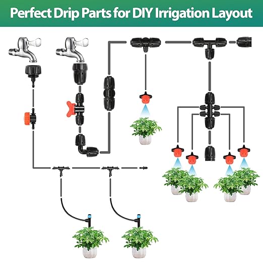 RedChili 25 Pieces Drip Emitters for 1/4" Drip Irrigation Tubing, Adjustable 360 Degree Vortex Drip Emitters with Stake 360° Full Circle Umbrella Shape Pattern Garden Irrigation Micro Drippers