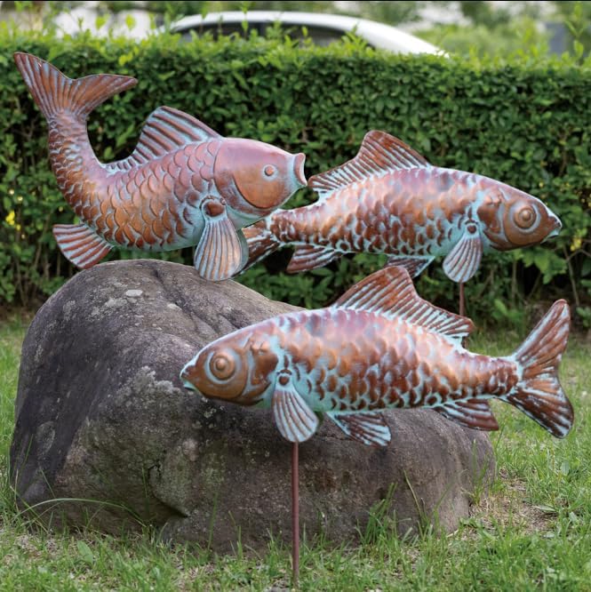 Set of 3 Outdoor Garden Koi Fish Sculptures & Statues Antique Copper Fish Yard Décor, Metal Koi Figurine Ornaments for Outdoors,Patio Decor,Backyard and Home Kitchen Decorations