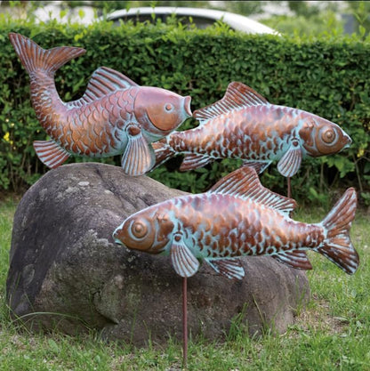 Set of 3 Outdoor Garden Koi Fish Sculptures & Statues Antique Copper Fish Yard Décor, Metal Koi Figurine Ornaments for Outdoors,Patio Decor,Backyard and Home Kitchen Decorations