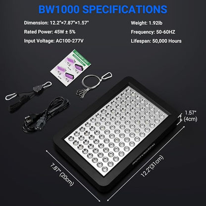 Upgraded BW1000 LED Grow Lights Double Chips Full Spectrum with 10ft Cable for Greenhouse and Indoor Plant Veg and Flower Growing [Black]