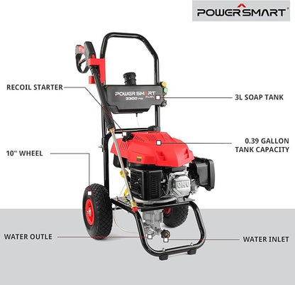 PowerSmart Gas Pressure Washer - 3300 PSI, 2.5 GPM with Onboard Soap Tank, Spray Gun & Wand, and 5 Nozzles - Perfect for Cleaning Cars, Fences, Driveways, Homes, Patios & Furniture