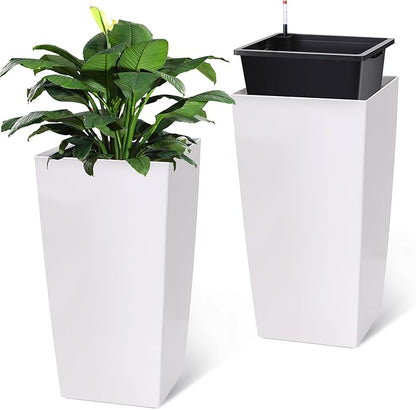 GarveeLife 30" Tall Planters Set of 2, Outdoor&Indoor Black Planter Pots, High Front Porch Planter Pots with Drainage Holes&Water Level Monitor Movable Wheels &Inner Bucket, Automatic Watering, White