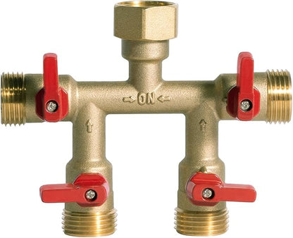 HQMPC Hose Splitter – Heavy-Duty Brass Garden Faucet Connector Garden Hose Splitter 4 Way 3/4" GHT Thread Red Handle