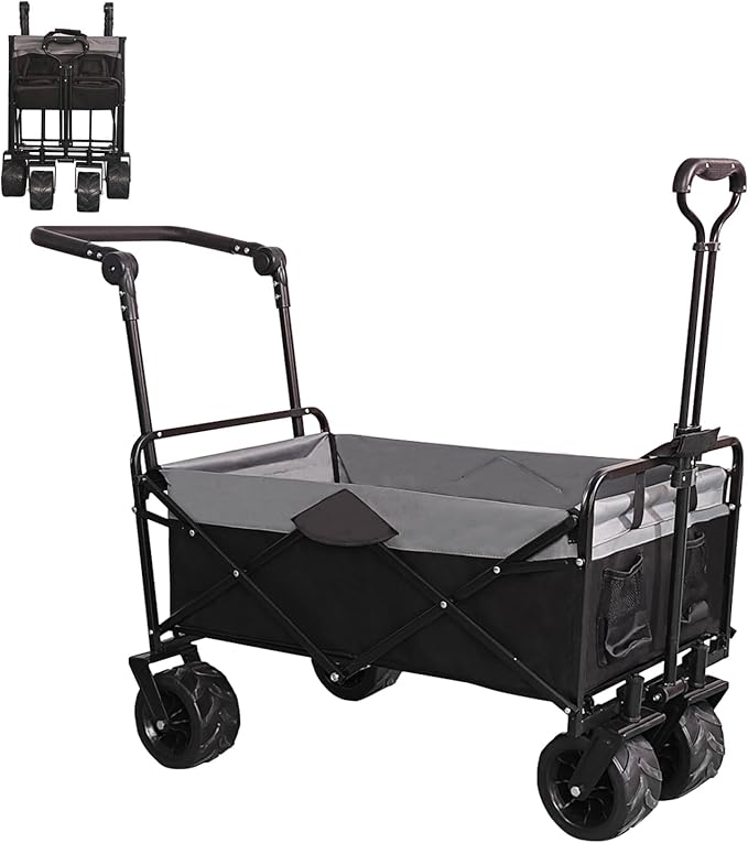 Collapsible Folding Wagon with Extra Push Pull Handle, Heavy Duty Utility Cart with Big All-Terrain Beach Wheels, Large Capacity Folding Garden Wagon for Shopping, Beach, Sports, Outdoor
