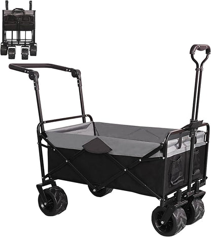 Collapsible Folding Wagon with Extra Push Pull Handle, Heavy Duty Utility Cart with Big All-Terrain Beach Wheels, Large Capacity Folding Garden Wagon for Shopping, Beach, Sports, Outdoor