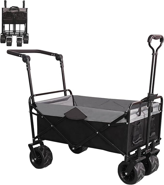 Collapsible Folding Wagon with Extra Push Pull Handle, Heavy Duty Utility Cart with Big All-Terrain Beach Wheels, Large Capacity Folding Garden Wagon for Shopping, Beach, Sports, Outdoor