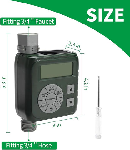 Sprinkler Timer, Programmable Irrigation Water Timer for Garden Hose, Solar/Battery Dual Power & Professional Leak-Proof Design, Rain Delay/Auto/Manual Watering System, Green