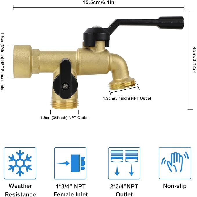 Double Outdoor Faucet, Outside Tap Garden Water Faucet Wall Mounted 3/4 inch NPT Female Inlet & Two Outlets, Frost-proof Brass Outside Spigot for Home Balcony Hose Connector (Copper 3/4" Female Inlet)