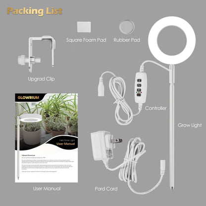GLOWRIUM Grow Lights for Indoor Plants, Full Spectrum Plant Lights with Clip, Height Adjustable&3 Spectrum Mode, 3/9/12h Automatic Timer, 10 Dimmable Brightness, Mini Halo Grow Lights for Small Plant