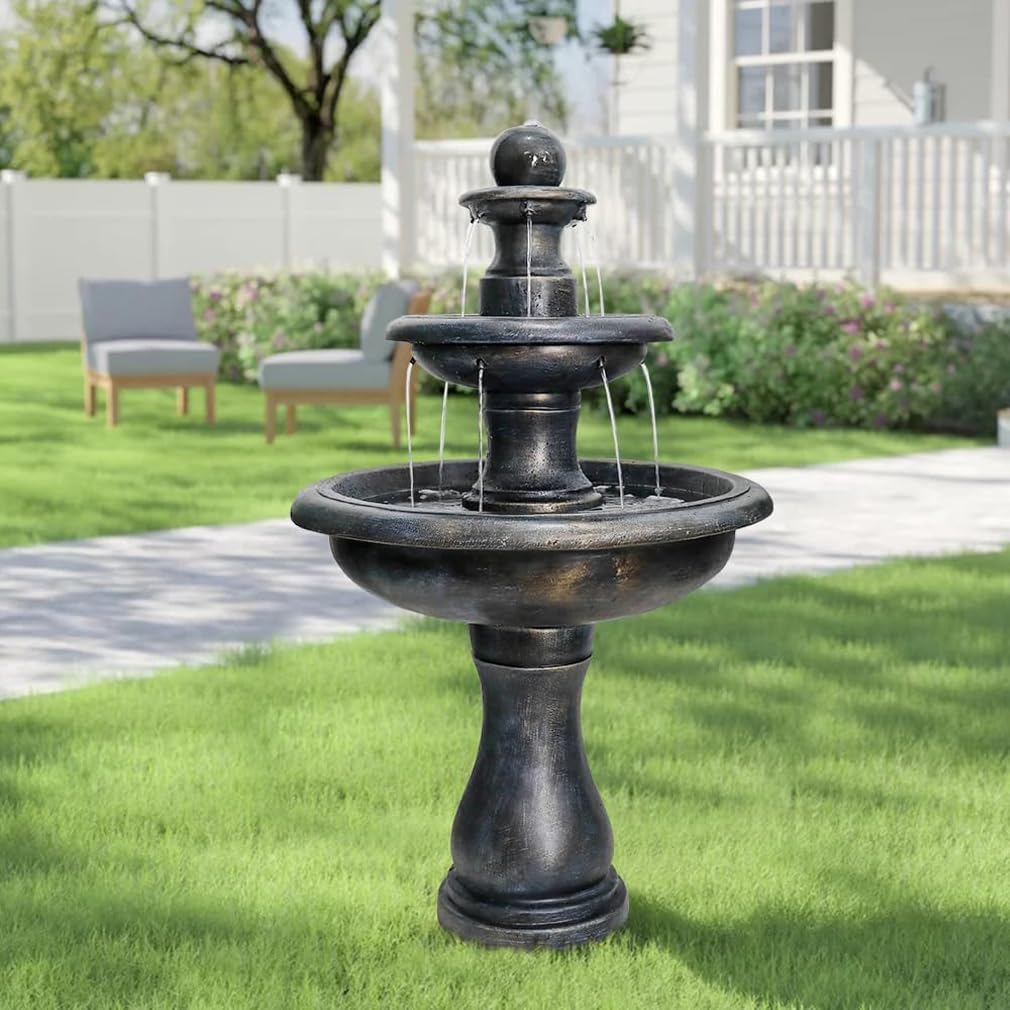 45.2“ High Outdoor Water Fountain, Concrete Outdoor Waterfall Fountain with Pump for Yard Garden Patio Backyard Deck Relaxation Decor - Black