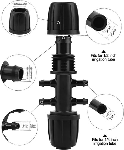 Kalolary 20PCS Barbed Tee 1/2" to 1/4" Drip Irrigation Fittings, Anti-Drop Barbed Hose Parts Connectors for 12mm/16mm to 4mm/7mm Drip Systems 6 Way Adapter（Black）