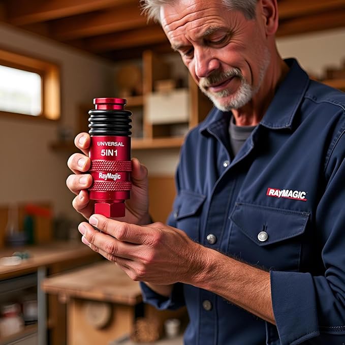 RayMagic Upgraded 5IN1 Universal Quick Industrial Connect Coupler, 1/4" Female NPT, Air Hose Fittings, 6-Balls Release Sleeve, 1/4" Body Size, Red(1-Piece)