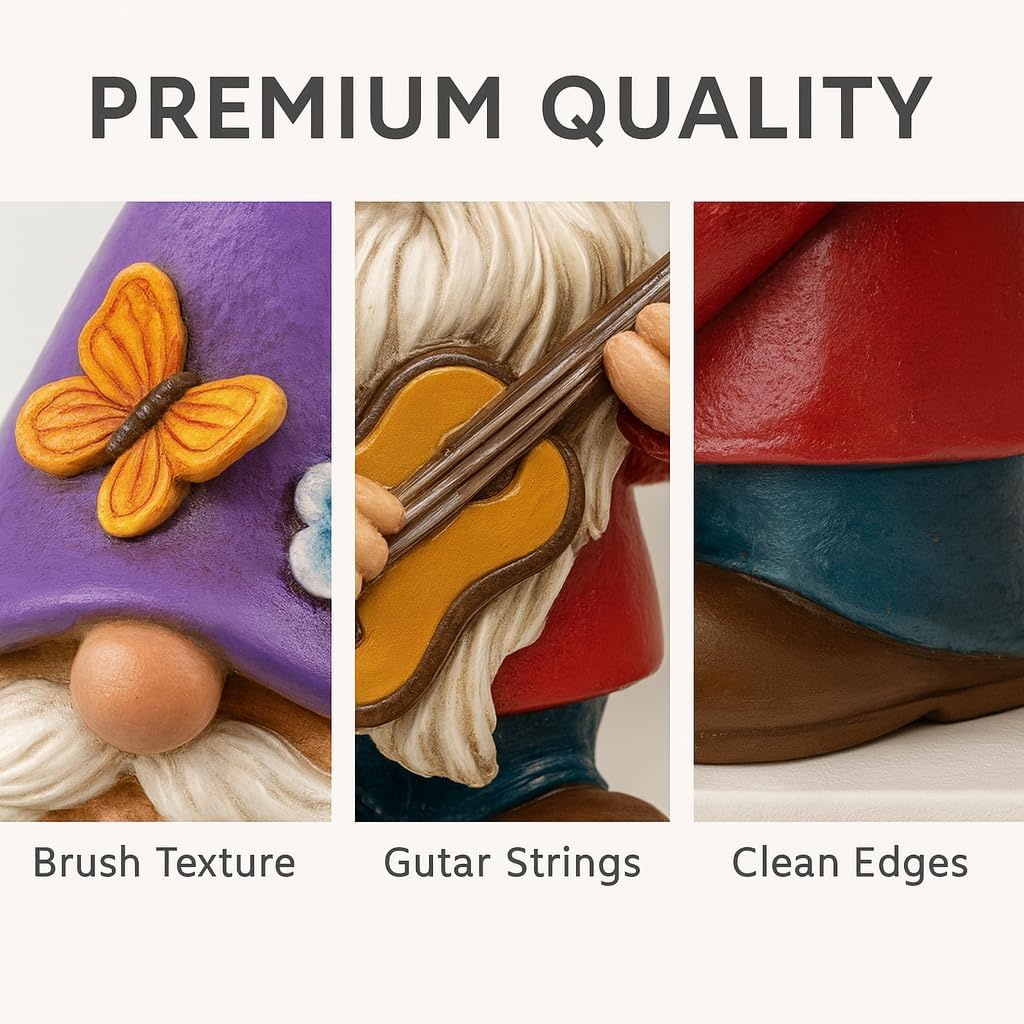 Musical Gnome Figurine with Guitar – Handcrafted Resin Garden or Shelf Decoration, 6.2" Tall Whimsical Gnome Statue with Purple Hat, Flowers & Butterfly, Gift for Music Lovers (Purple)