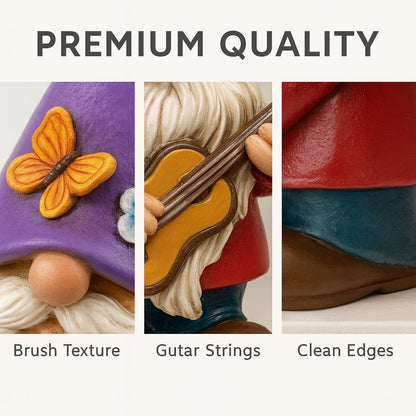 Musical Gnome Figurine with Guitar – Handcrafted Resin Garden or Shelf Decoration, 6.2" Tall Whimsical Gnome Statue with Purple Hat, Flowers & Butterfly, Gift for Music Lovers (Purple)