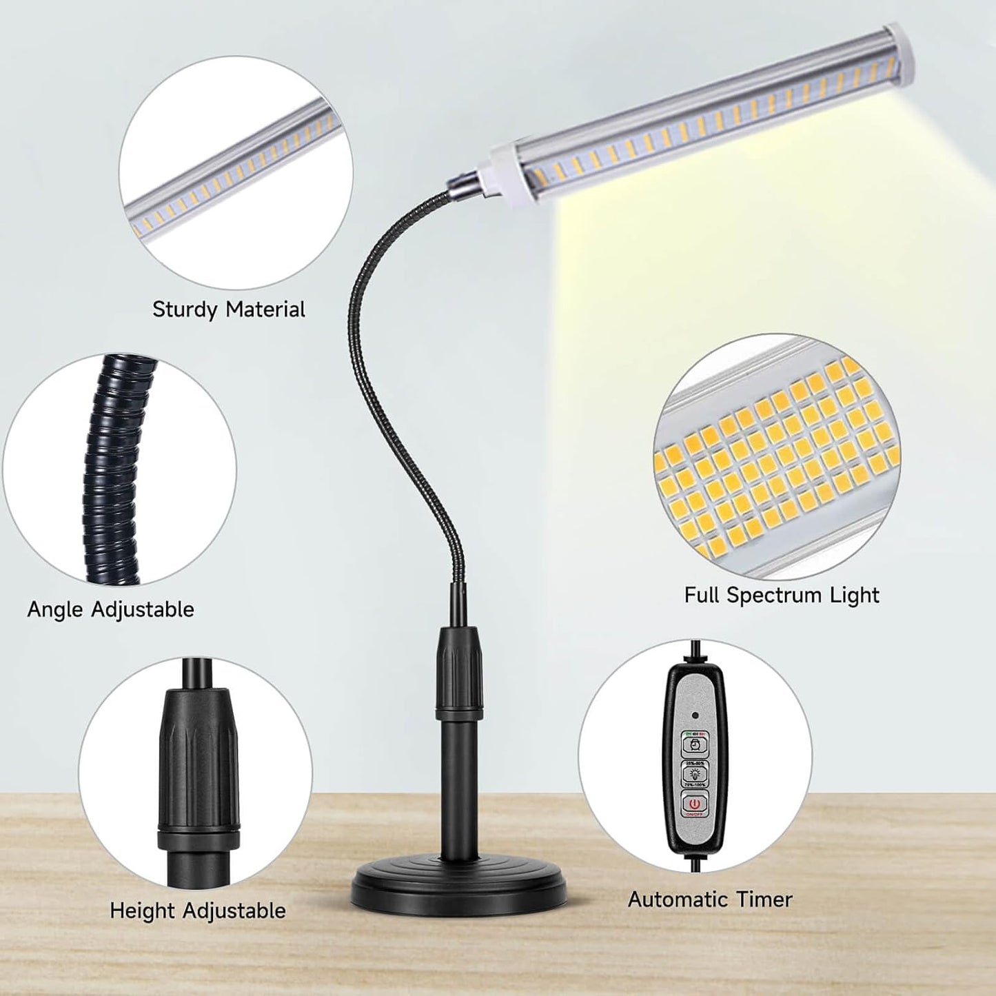 Grow Lights for Indoor Plants 10 inch Lamp Full Spectrum Desk LED Grow Light with Base for Indoor Plant Growing Lamp, Adjustable Gooseneck, Suitable Plants Growth (Without USB Plug) (105 LEDs)