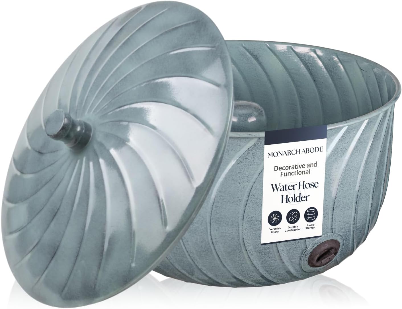 Monarch Abode Decorative Garden Hose Holder with Lid, Patina Storage for Outdoor Use, 100 ft Water Hose Pot for Outside, Wave Embossed Metal Pot with Drainage, Garden Storage Organizer
