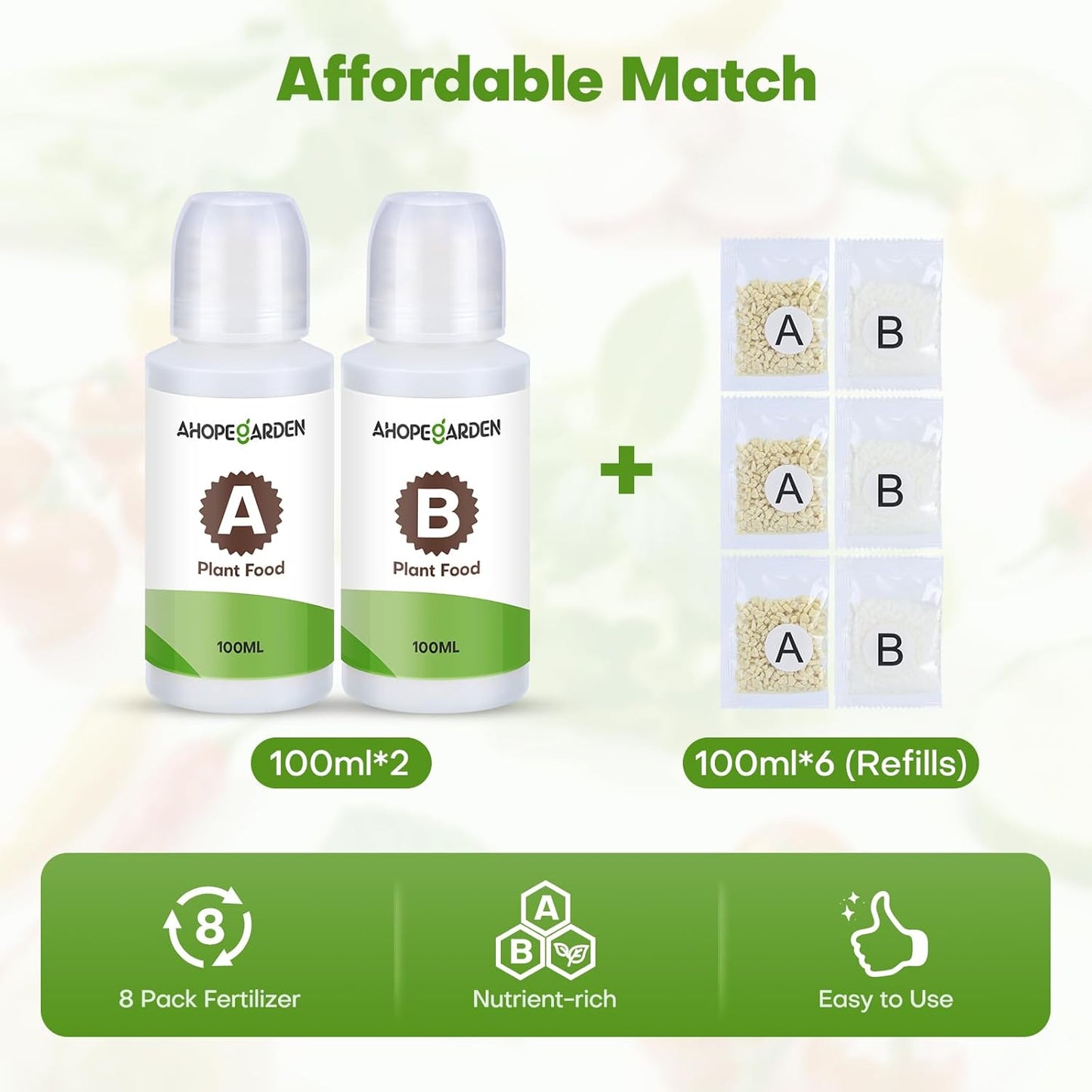 Ahopegarden 800ml A&B Hydroponic Nutrients: Hydroponic Plant Food for Aerogarden, Liquid Plant Food for Vegetables, Fruits, Flowers, ect - All-in-One Fertilizer Solution for Hydroponics Growing System