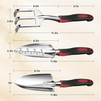 LASZOLA 3 Piece Garden Tool Set Include Hand Trowel Rake and Transplant Shovel for Women, Indoor Heavy Duty Small Spade Kit with Ergonomic Handle to Weed and Loosen, for Mom and Plant Beginner, Red