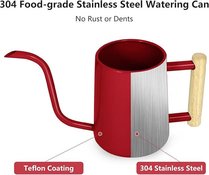 Watering Can Indoor Plants, 35 oz/1000 ml Metal Stainless Steel Watering Can Pot with Long Spout for Indoor House Plants Bonsai Outdoor Garden Flower Decorative (Red)