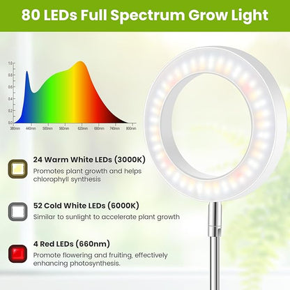 White Grow Light, Full Spectrum LED Plant Lights for Indoor Growing with 6/12/16H Timer, 3 Color Modes, 5 Brightness, 10"-65" Height Adjustable Growing Lamp for Large Indoor Plants, 2 Pack