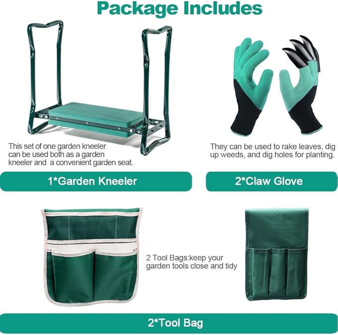 Garden Kneeler and Seat,with 2 Tool Bags Pouches and Claw Gloves,Portable Lightweight Bench Thicken EVA Foam Pad Sturdy Steel Pipe Practical Garden Tools(Green)