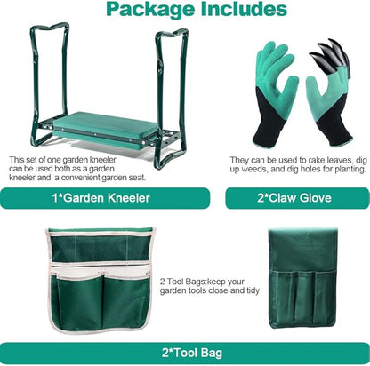 Garden Kneeler and Seat,with 2 Tool Bags Pouches and Claw Gloves,Portable Lightweight Bench Thicken EVA Foam Pad Sturdy Steel Pipe Practical Garden Tools(Green)