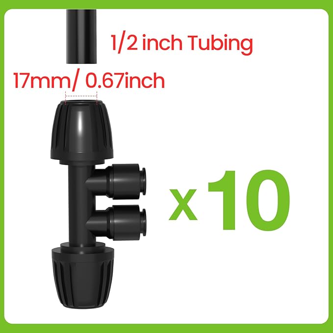 Bonviee 10 Pack 1/2” to 1/4” Reducing Tee Connectors, Split 1/2” Tubing into Two 1/4” Branches, Push-to-Connect Quick Install Drip Irrigation Fittings, Leak-Proof Adapter for Garden, Lawn, Greenhouse