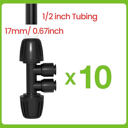 Bonviee 10 Pack 1/2” to 1/4” Reducing Tee Connectors, Split 1/2” Tubing into Two 1/4” Branches, Push-to-Connect Quick Install Drip Irrigation Fittings, Leak-Proof Adapter for Garden, Lawn, Greenhouse