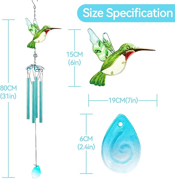 Green Hummingbird Wind Chimes, Wind Chimes for Outdoor, 26" Glass Painted Mobile Romantic Chimes, Patio, Balcony, Garden Decoration, Gifts for Mom & Women