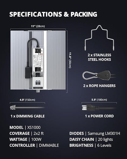 VIPARSPECTRA XS1000 Led Grow Light Compatible with Samsung LM301H High PPFD, Dimmable High Efficiency Grow Lights for Indoor Plants, Full Spectrum Daisy Chain Plant Light for 2x2/ 3x3 Grow Tent