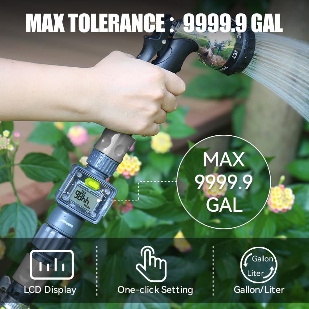 RAINPOINT Digital Garden Hose Flow Meter - Real-Time Tracking, Smart Water Meter for Outdoor Plants