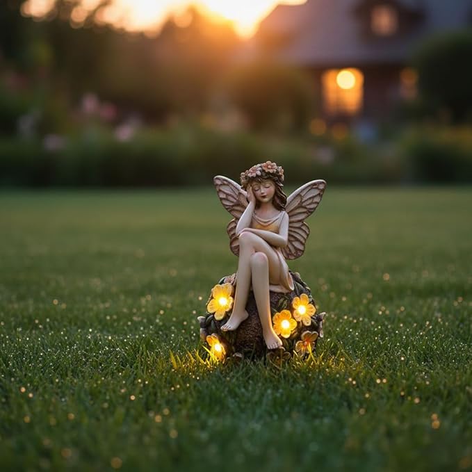 Solar Fairy Statue Sitting on The Flower Ball Light 6.8" Angel Statues for Garden Yard Patio Porch Lawn Decor Resin Fairy Figurine Outdoor Waterproof Angel Gifts for Women Mom Sister