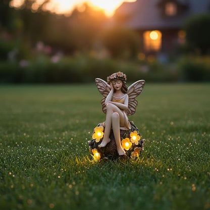Solar Fairy Statue Sitting on The Flower Ball Light 6.8" Angel Statues for Garden Yard Patio Porch Lawn Decor Resin Fairy Figurine Outdoor Waterproof Angel Gifts for Women Mom Sister