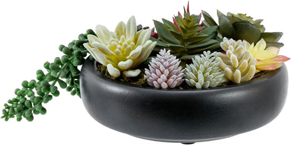 MyGift 8-Inch Artificial Succulent Plant Arrangement, Assorted Fake Plants in Modern Black Round Concrete Planter Bowl