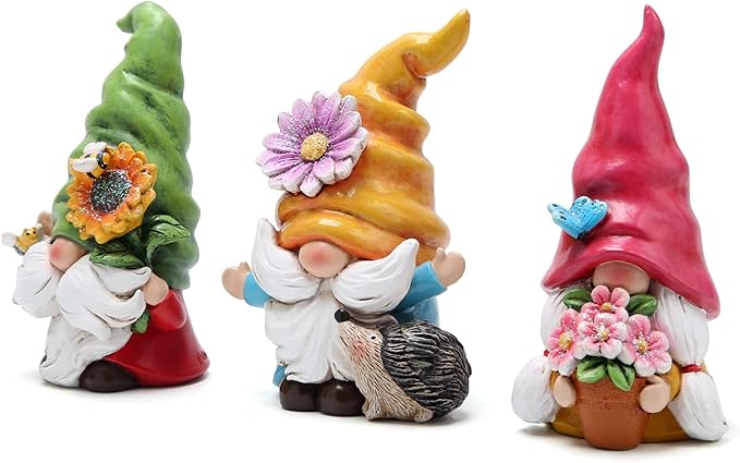 Hodao Set of 3 Spring Gnome Decorations Flower Gnomes Ornaments Decor Summer Outdoor Figurines Spring Elves for Porch, Garden Yard, Flower Bed Garden Gifts for Women, Mom (Multicolor)