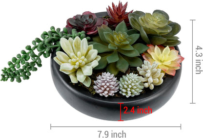MyGift 8-Inch Artificial Succulent Plant Arrangement, Assorted Fake Plants in Modern Black Round Concrete Planter Bowl