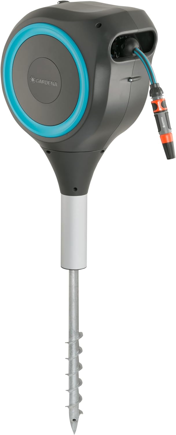 GARDENA 18604 | 50' x 1/2" Automatic Retractable Garden Hose Reel for Outside Use on Metal Spike With Easy Swivel for Simple Watering of Gardens and Grass. Easy Installation in Ground