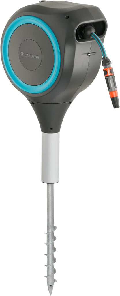 GARDENA 18604 | 50' x 1/2" Automatic Retractable Garden Hose Reel for Outside Use on Metal Spike With Easy Swivel for Simple Watering of Gardens and Grass. Easy Installation in Ground