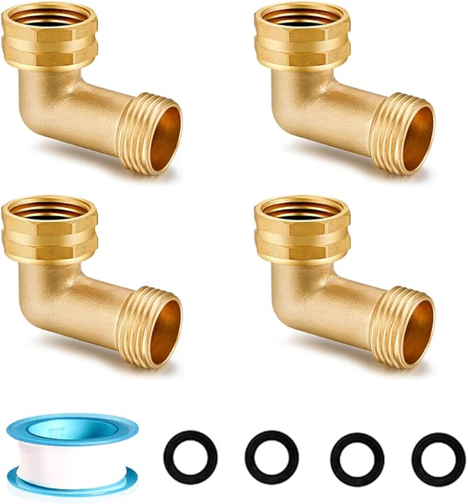 Garden Hose Elbow Connector 90 Degree Solid Brass Pipe Fittings Hose Elbow -Eliminates Stress and Strain On RV Water Intake Hose Adapter 3/4" FHT x 3/4" MHT (4 SETS)