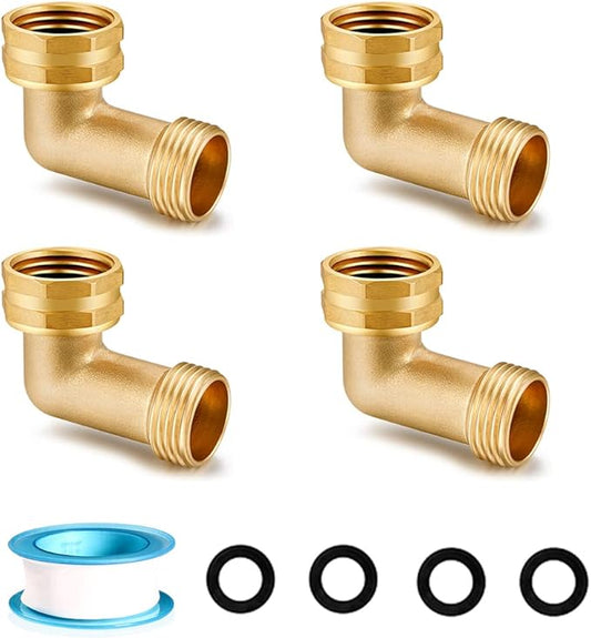 Garden Hose Elbow Connector 90 Degree Solid Brass Pipe Fittings Hose Elbow -Eliminates Stress and Strain On RV Water Intake Hose Adapter 3/4" FHT x 3/4" MHT (4 SETS)
