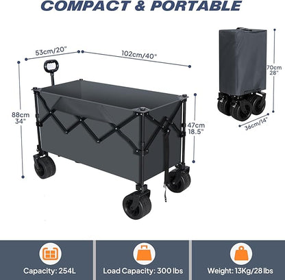 Chihee Garden Cart Collapsible Outdoor Utility Wagon Cart,Folding Beach Cart Oversized Capacity 254L,Heavy Duty Portable Wagon All Terrain Wheels Oversized Side Pocket 2 Drink Holders for Camping