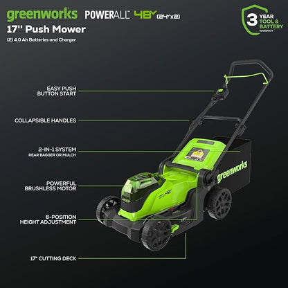 Greenworks 48V (24V x 2) 17" Brushless Mower+12" String Trimmer +320CFM Blower,(2) 4.0Ah Batteries and 2A Dual Port Charger
