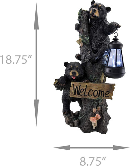 DWK Twin Bears Climbing a Tree Outdoor Home Porch Sign and Solar LED Light Lamp | Front Porch and Yard Decor | Bear Statues Home Decor and Farmhouse Gifts - 18"