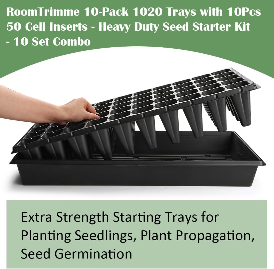 10 Pack 1020 Trays with 10 Pack 3.54" Deep 50 Cell Seed Starter Trays - Seed Starting Kit for Gardening, Durable Plastic Nursery Trays for Seed Germination & Plant Propagation (10 Set)