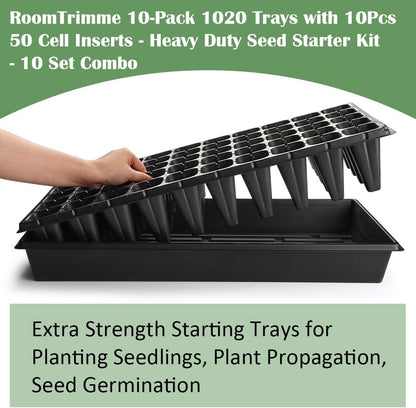 10 Pack 1020 Trays with 10 Pack 3.54" Deep 50 Cell Seed Starter Trays - Seed Starting Kit for Gardening, Durable Plastic Nursery Trays for Seed Germination & Plant Propagation (10 Set)