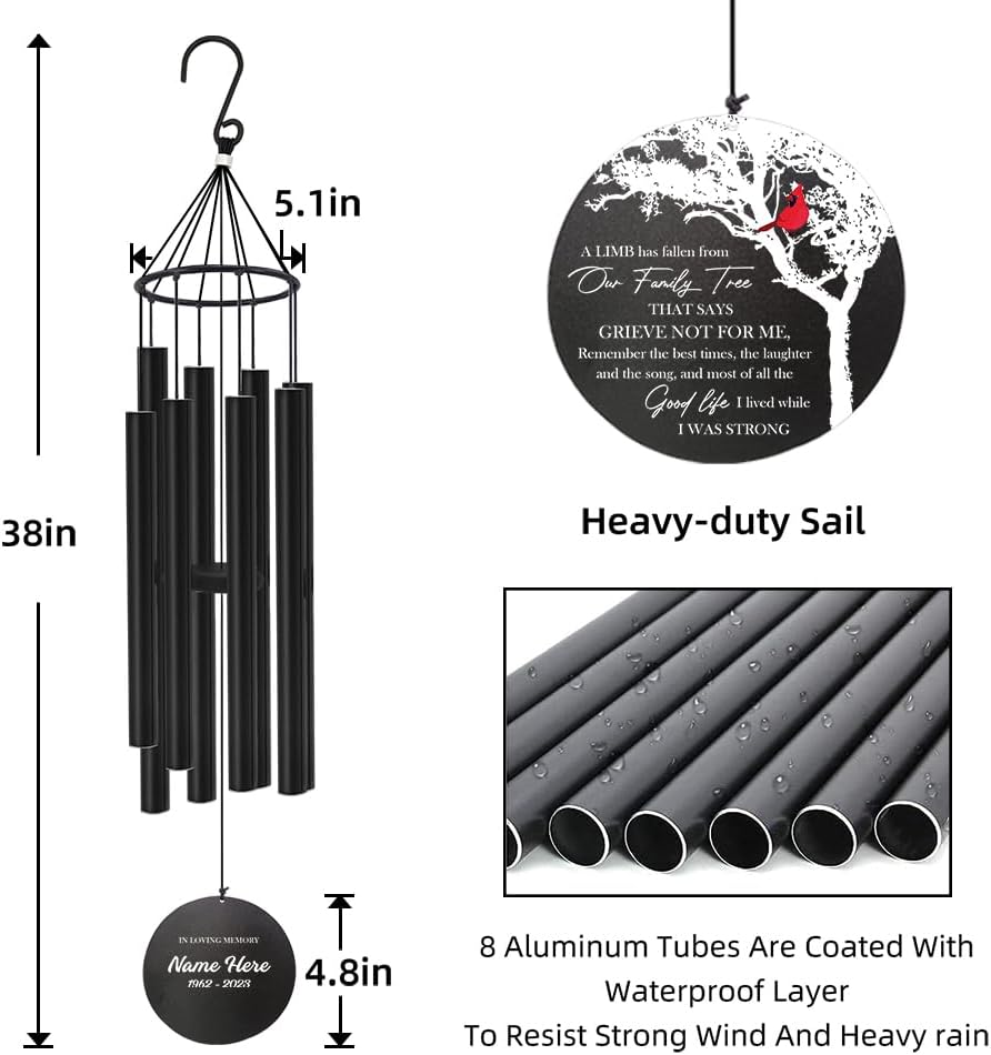 Personalized 36" Memorial Wind Chimes for Outside, Sympathy and Bereavement Gift for Loss of Loved One, A Thoughtful Remembrance of Mother, Father or Husband for Garden and Patio