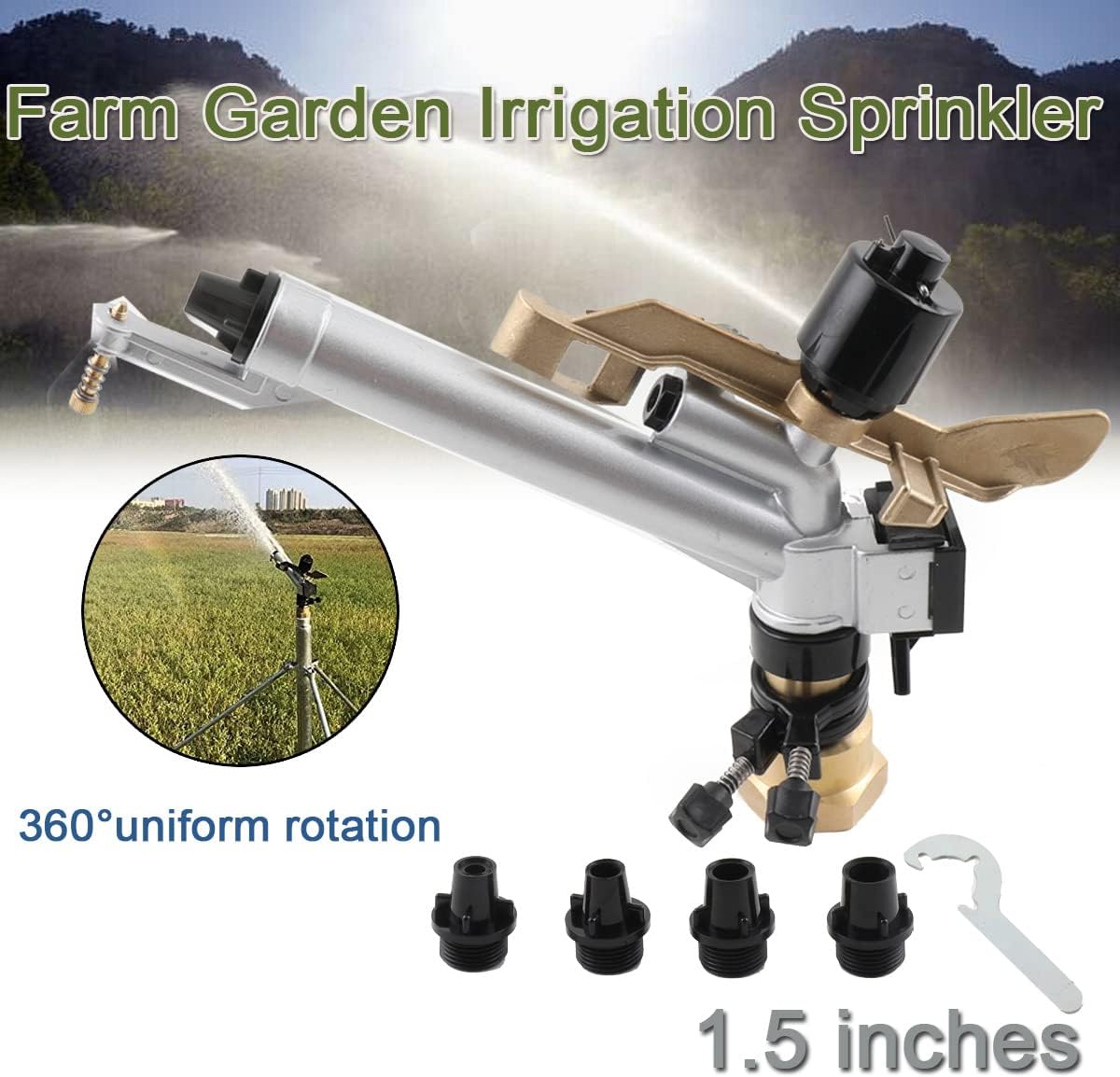 1.5'' Agriculture IrrigationSprinkler Gun Sprinkler Large-Area Irrigation Spray Gun Tool Garden Farm Watering Sprinkler 360° Adjustable Watering for Farms, Orchards, Tea Gardens, Forestry