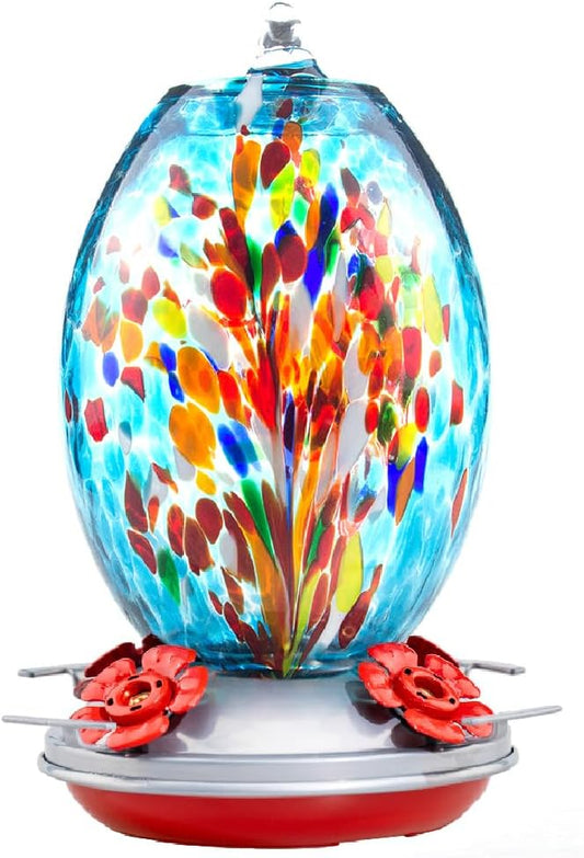Muse Garden Glass Humming Bird Feeders for Outdoors - 27OZ Blown Glass Hummingbird Feeder - Unique Gift for Mom Women, Outdoors Hanging Garden Decor, Includes Ant Moat & Brush, Blue Fireworks